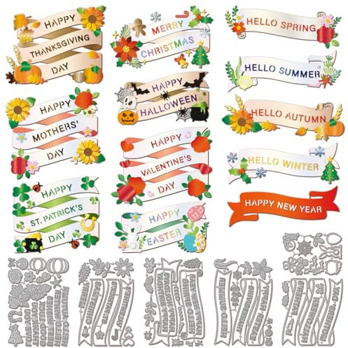 GLOBLELAND Plants Holiday Greetings Banner Text Background Cutting Dies for DIY Scrapbooking Metal Thanksgiving Day Halloween Christmas Cut Dies Die Cuts for Card Making Embossing Photo Album Craft
