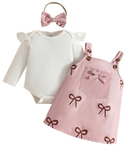 LUVCES Vestiti Neonati Autunnali 3 Pezzi Set Maniche Lunghe con Volant Tutina + Gonna con Bretelle e Fascia per Capelli Abbigliamento Bambina Set di Gonne Fiocco rosa 3-6 Mesi