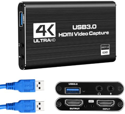4K HDMI Video Capture Card USB 3.0 Video Capture Device Full HD 1080P 60FPS Game Recording for Live Stream PS5 PS4 Xbox Nintendo Switch Camera PC OBS (Black)