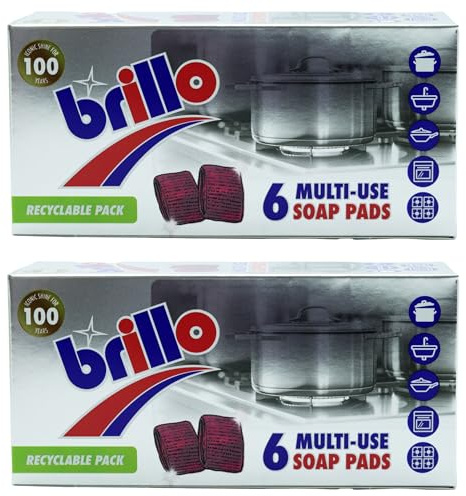 Brillo Multi-Use Soap Pads, 12 Pack (2 x 6) – Heavy-Duty Steel Wool Scrub Pads with Built-In Soap for Kitchen & Home Cleaning, Cuts Grease & Grime (Recyclable Packaging)
