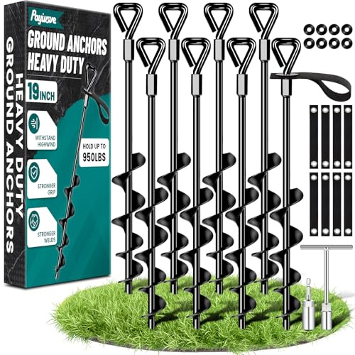 Payivsve 19-Inch Ground Anchors Heavy Duty, Trampoline Stakes Anchors Screw-in for High Wind, Earth Anchor with Strong Straps for Swing Sets, Trampolines, Mobile Home, Sheds, Carports(8x19in)