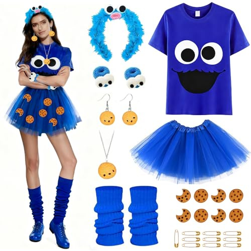 HEYIDAMAI Krümelmonster Kostüm Damen, Kekse Monster Kostüm, Monster Kostüm Frauen mit Blauem T-Shirt, Blauem Tüllrock, Haarreif, Halskette, Ohrringe, Blaue Beinstulpen,für Halloween Karneval Fasching