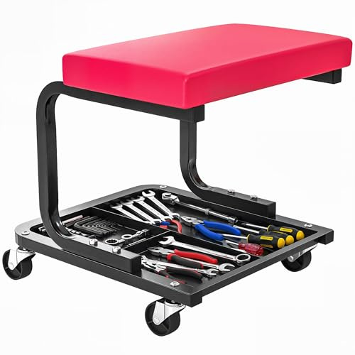 HOMCOM Tabouret de Mécanicien, Tabouret d'Atelier Mobile, Charge 135 kg, Plateau à Outils Inclus, Siège d'Atelier avec roulettes Lisses Pivotant à 360°, pour Entretien, Réparation Automobile, Garage