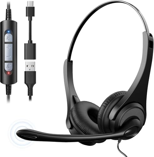 Voistek USB Headset with Microphone for Laptop PC, 2-in-1 Type-C/USB-A, Wired On-Ear Computer Headphones with Noise Cancelling Mic and In-line Control for VoIP, Call Center, Teams, Zoom, Skype