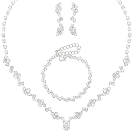 Elenviorina Bridal Silver Jewellery Set for Women, 3-Piece Rhinestone Necklace Earrings Bracelet, Sparkly Crystal Jewellery Set for Weddings Prom Bridesmaids