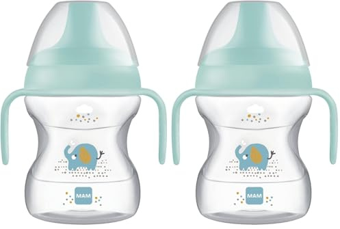 MAM - Tasse d’apprentissage – Tasse à bec 6+ mois 190 ml (coloris aléatoire) – Tasse pour bébé avec poignées ergonomiques (Lot de 2)