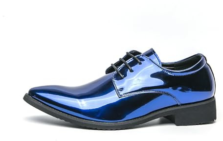 Oxford skor i konstläder for herr spetsad tå Glänsande högtidsklänning Skor snörning till bröllopsbal Business Casual Events(Blue,40 EU)