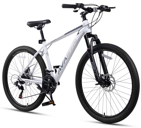 AVASTA 27,5-Zoll-Mountainbike für Männer und Frauen, Erwachsene, mit hochfestem Stahlrahmen und Doppelscheibenbremsen, Vorderradfederung, 21-Gang-Schaltung, verdeckten Bremszügen, weiß