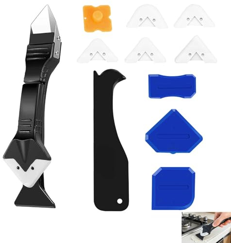 11 Pcs 3 in 1 Caulking Tool Set,Silicone Remover Tool,Sealant Remover Scraper with Stainless Steel Head 5 Replaceable Silicone Pads 3 Finishing Tools Sealant Removal Kit for Bathroom Kitchen Window