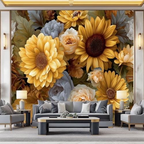 Carta da Parati Fotomurale XXL 200 x 140 cm, Nero Poster Murale 3D in Tessuto Non Tessuto per Parete TV Corridoio e Soggiorno, Decorazione Interni di Grande Impatto Retro Girasole Rosa Crisantemo
