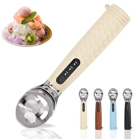 Beheizter Eisportionierer, elektrischer warmer Eisportionierer mit 3 Temperatureinstellungen, rutschfester ergonomischer Griff, für hartes Eis, Gelato, gefrorener Joghurt, Sorbet, Braun