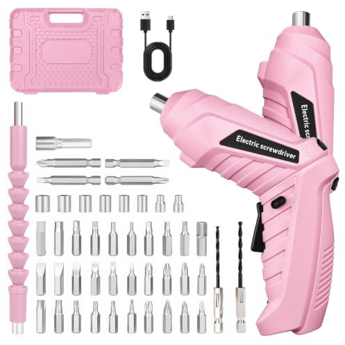 Electric Screwdriver, 48-In-1 Cordless Screwdriver Rechargeable 1300mAh, 180°Rotating, 46 Drill Bits Screwdriver Set Electric with LED Worklight, Mini Drill Small Screwdriver for Home Office DIY, Pink