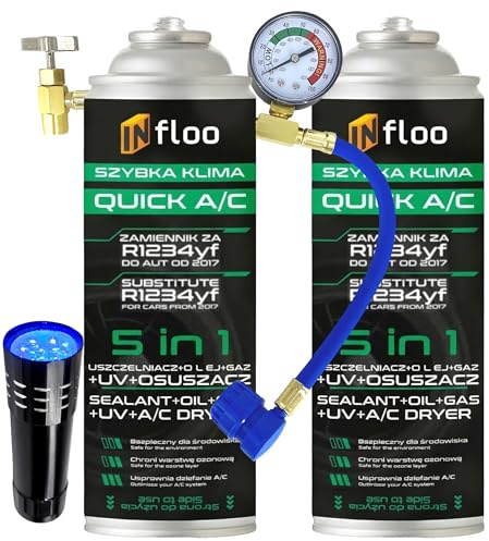 INfloo Quick A/C Sustituto de R1234yf 5 en 1 2x205 g | Gas + Aceite + Sellador + Tinte UV + Desecante | Kit Recarga Aire Acondicionado Coche con Manguera Manómetro LP, Linterna UV y Guantes
