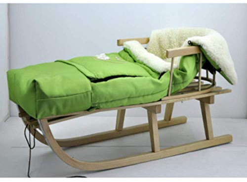 Holzschlitten Kinderschlitten aus Buchenholz Rückenlehne Zugseil + Winterfußsack Schlittensack Fußsack Grün Schlitten Kinderwagen