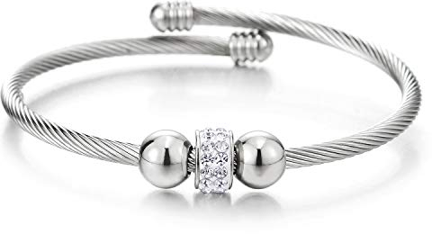 COOLSTEELANDBEYOND Elastische Verstellbare-Edelstahl Zirkonia Cercle Charme und Perles Verdrehten Stahlkabel Armband Armreif für Damen