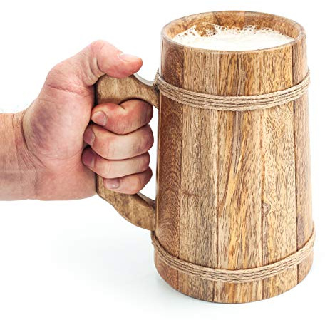 Norse Tradesman Wooden Beer Mug - 100% Handcrafted Ale Tankard - Includes Medieval Gift Sack - 32 oz