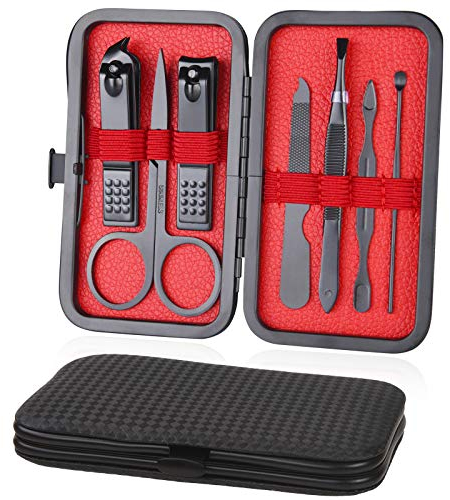 URAQT Nagelklippare, 7 st Professionellt Manikyrset, Nagelsaxar Och Kit för Ogonbrynsskötsel, Rostfritt Stål Nagelvårdverktyg Med Lyxigt Läderfodral för Resor Och Hem