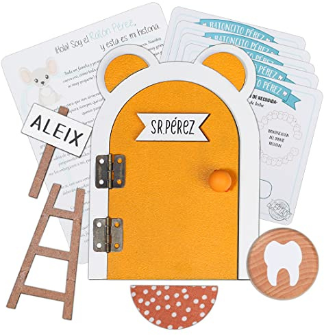Puerta Ratoncito Pérez personalizable. Incluye escalera, alfombra, letrero con el nombre, cajita para dejar el diente, 5 certificados de recogida, historia del Ratoncito. NARANJA