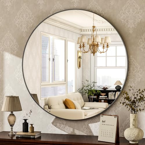 HARRITPURE Round Mirror 24 Black Wall Mounted Circle Mirrors Vanity Mirror with Brushed Aluminum Alloy Frame Modern Decoration for Bathroom, Living Room, Vanity, Bedroom, Entryway