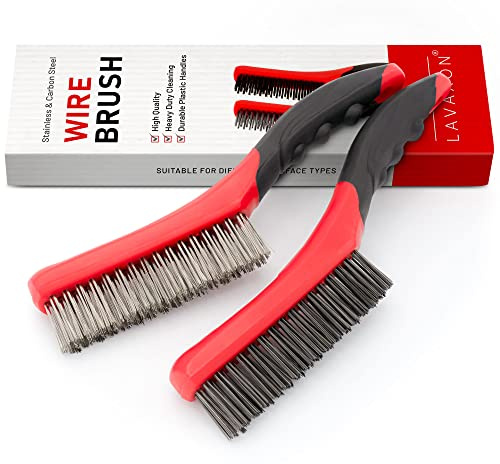 Lavaxon Wire Brush Set-Heavy Duty Stainless & Carbon Steel Bristles with Plastic Handle Grip for Rust, Wielding Slag, Dirt & Paint Scrubbing with Deep Cleaning – 10 Inches, Large (Pack of 2-Red)