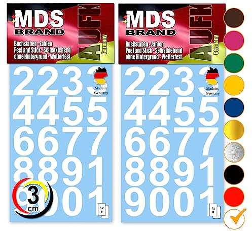 MDS Brand Design 3cm Zahlen Aufkleber | Selbstklebende Klebezahlen | Vinyl Hausnummern zum Aufkleben für Briefkasten, Mülltonnen Aufkleber, Buro Aufkleber, Zahlen für Außen & Innen Peel (Weiss)