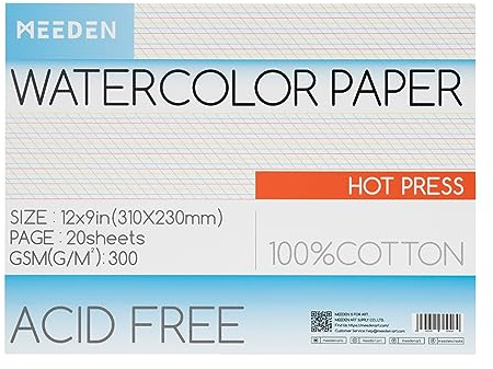 MEEDEN Bloque de Papel de Acuarela 100% Algodón - 20 Hojas, 140lb/300gsm, Libre de Ácido para Gouache y Más - 31×23 cm Prensa Caliente