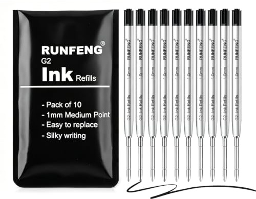 10 Pezzi Refill,Ricarica Penna, Ricariche Inchiostro per Penne a Sfera, Set di Mine Compatibili da 1mm, per il Formato G2,Ricariche Sostituibili (Nero)