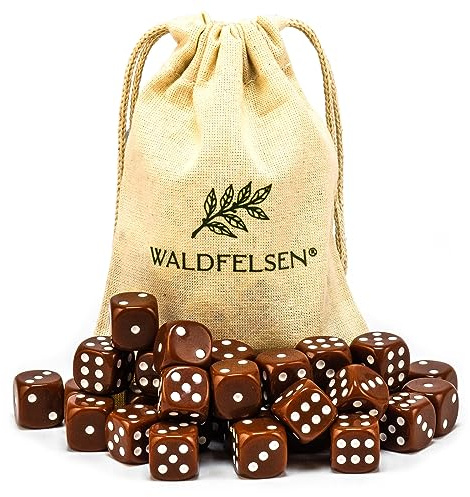 Waldfelsen® Högkvalitativa tärningar, 6, 12, 20, 30 eller 50 stycken, i standardstorlek: 16 mm, 6-sidiga akryltärningar, speltillbehör, i set med tygpåse (brun, 30 stycken)