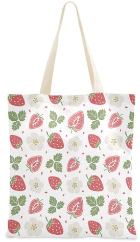 linqin Tragetasche aus Segeltuch für Mädchen und Damen, Motiv: reife Erdbeeren, Blumen und Blätter, wiederverwendbare Tragetasche, Einkaufstasche, Stoffbeutel mit Griffen, für Strand, Einkaufen,