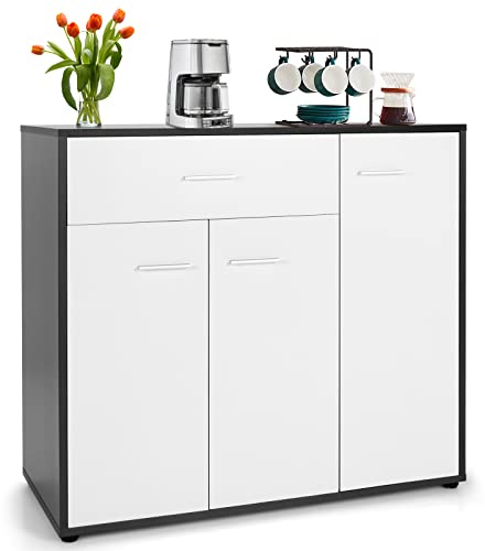KOMFOTTEU Sideboard Kommode, Mehrzweckschrank mit Türen & Schublade, Aufbewahrungsschrank Anrichte mit verstellbarem Regal, Wohnzimmerschrank für Flur Küche, Weiß (88x40x80cm)