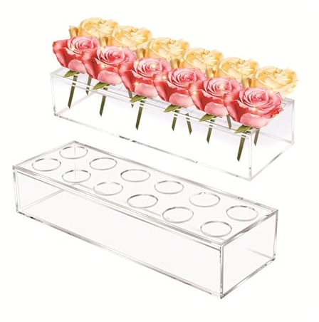 Mokylor Florero Rectangular de Acrílico, Centro de Mesa Floral Acrílico para Decoración de Mesa de Comedor, Arreglo Floral Decorativo Moderno, Soporte de Flores bajo con(2 Piezas 12 Agujeros)