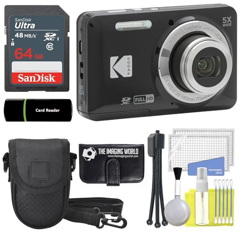 Kodak PIXPRO FZ55 Black 16MP Digital Camera 5X Optical Zoom 28mm Wide Angle 1080P Full HD Video 2.7 LCD Camera + 64GB Card and Reader + Case + Memory Wallet + Tripod + Cleaning Bundle