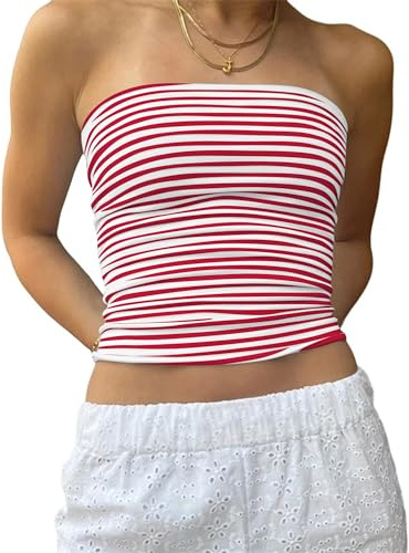Cioatin Women Strapless Striped Bandeau Tube Tops Y2K Aesthetic Sleeveless Backless Crop Tank Going Out Summer Girls Red White