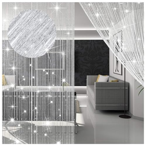 AHEJIOO 2 Stück Fadenvorhang Insektenschutz, 100 x 200 cm Türvorhänge Gegen Fliegen, Fadenvorhang Weiss Balkontür, Türvorhang Insektenschutz, Fadengardine, Fadenvorhang Tür, Fadenvorhang Blickdicht