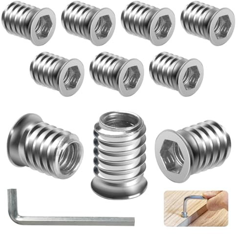 BOUMVID Lot de 10 écrous M6 x 15 Douilles filetées bois Insert fileté Écrou galvanisé Filetage six pans creux Pour meubles bois