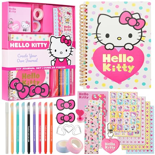 Hello Kitty Sanrio Notizbuch Mädchen Kreativ Set, A5 Notizbuch, Sticker, Stifte & Zubehör, Tagebuch Bastelset für Schule Einschulung & Mehr, Geschenke für Mädchen (Rosa Hello Kitty)