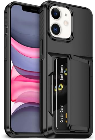 Aolcev for iPhone 11 Case with Card Holder [Max 4 Cards] Heavy Duty Protective Shockproof Cases Dual Layer Hard PC Soft TPU Bumper Hidden Card Slot Wallet Case Cover for iPhone 11 Phone Case-Black