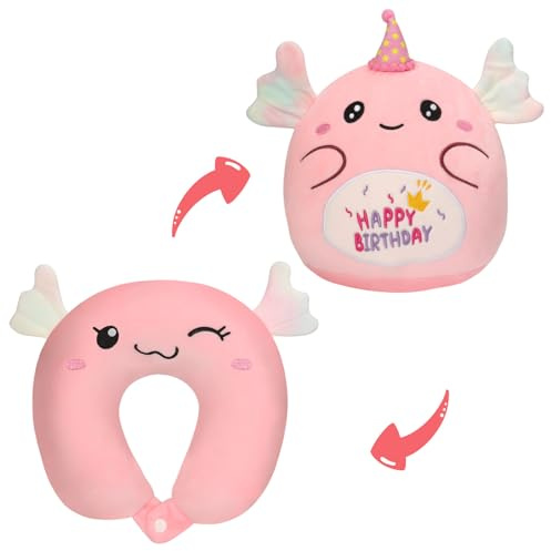 Nackenkissen Kinder 2 In 1, NackenhöRnchen Kinder mit Axolotl Plüschkissen, Verformbares 25CM Happy Birthday Plüschtier, U-förmige Axolotl Plüschtier Reisekissen Kinder für Flugzeug, Auto, Nickerchen