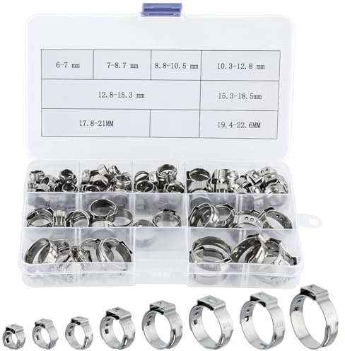 95 Piezas Abrazaderas Metalicas para Tubos, Abrazadera Metalica con 8 Tamaños 6-22,6mm, Abrazaderas de Acero Inoxidable, Abrazaderas de Oreja Ajustables para Tubería de Agua