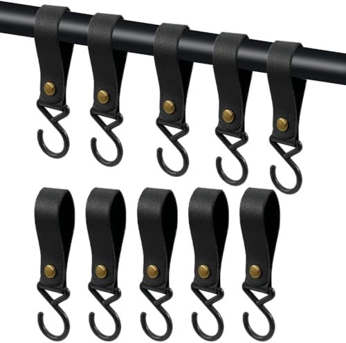 KOZOY Gancio a S in pelle, 10 pezzi a S con passante in pelle, gancio a S in metallo per appendere, gancio da campeggio, gancio multifunzione per appendere pentole, padelle, cappotto, asciugamano,