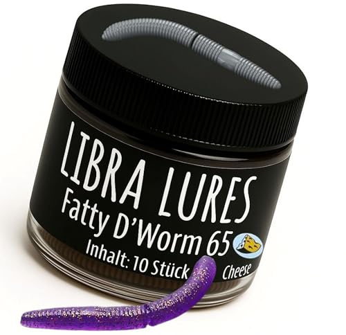 Libra Lures Fatty D`Worm 65mm Forellenköder Supersoft | 10 Stück | Aroma: Käse | Farbe: 020/ Purple with Glitter | Gummiköder | Forellenköder Neuheiten | Erfolgreicher Forellen Angeln mit dem Fatty