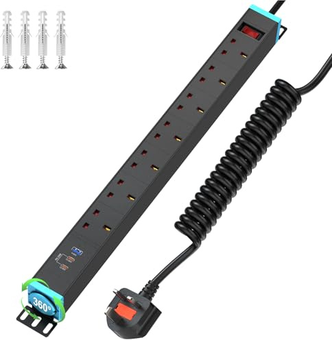 7 Way Extension Lead with USB C PD20W, Surge Protected Under Desk Power Strip with 360° Rotating Brackets, 1.6m Coiled Cable for Standing Desk, Metal Housing, 13A