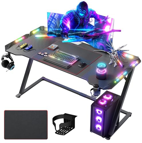 Claiks Gaming Tisch mit LED, 140 x 60 cm Gaming Schreibtisch Z-Frame, Ergonomischer Gamer PC Tisch mit Getränkehalter, Kopfhörerhaken, Stabiler Computertisch, Schwarz