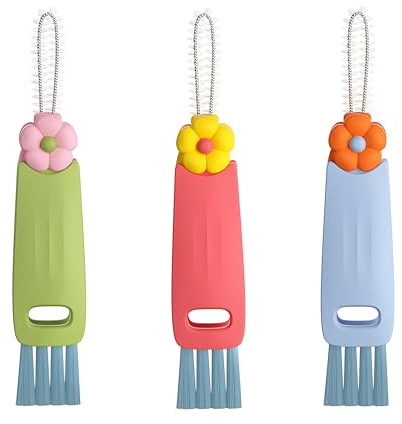 3 in 1 Cup Lid Cleaning Brush, 3 Pack 3 Color Multifunctional Cleaning Brush with Flower Pattern, Portable Cup Lid Crevice Cleaner for Baby Bottle Gap Cup Lid Tight Spaces Home Kitchen Tools