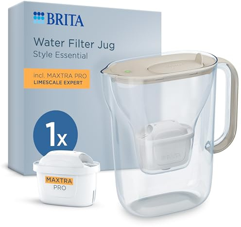 BRITA Water Filter Jug Style Essential (2.4l) Sand incl. 1x MAXTRA PRO Limescale Expert Cartridge