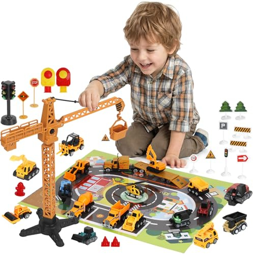 Calendrier de l'Avent CXCOSRY pour enfants : 24 jouets techniques, camion de pompiers, camion malaxeur, SUV, panneaux de signalisation - Cadeau de Noël éducatif pour garçons