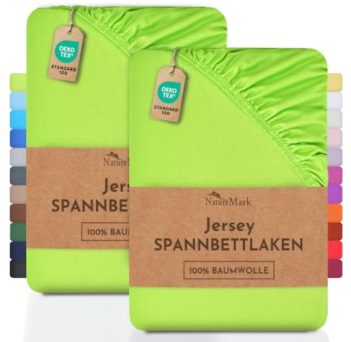 NatureMark 2er Pack Jersey Spannbettlaken, Spannbetttuch 100% Baumwolle in vielen Größen und Farben MARKENQUALITÄT ÖKOTEX Standard 100 | 200x220 cm +40 Steg - Apfel grün