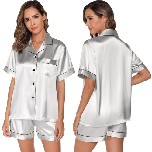 GAESHOW Dampyjamasset, satin, siden, kortärmad, knappset, sovkläder, loungewear, tvådelad, storlek S–2XL, GRÅ, L