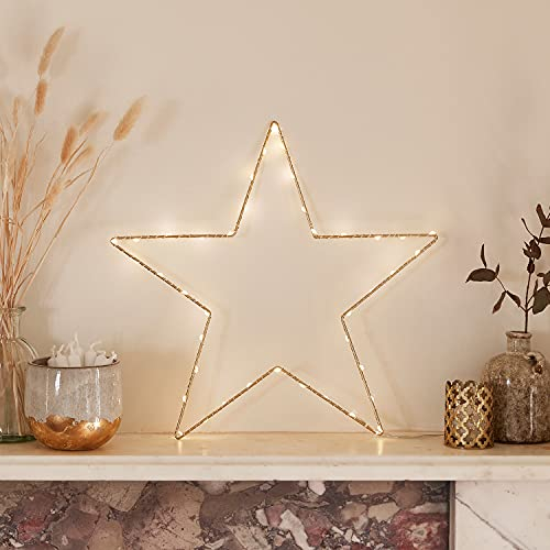Lights4fun Christmas Indoor Gold Light Up Star Window Decoration with 40 Warm White LEDs Battery Operated Timer 35cm