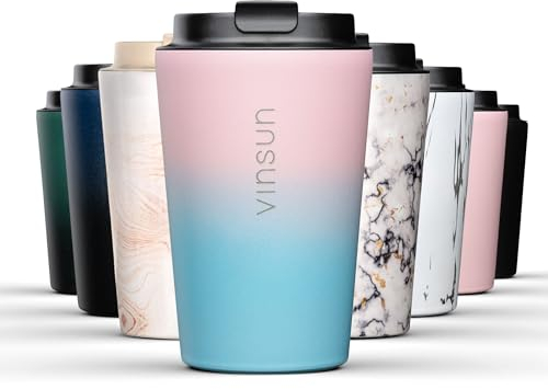 Vinsun Thermobecher Edelstahl 350ml Rosa, Blau - Kaffee & Tee Trinkbecher - Deckel mit Trinköffnung - verschließbar, auslaufsicher - Isolierbecher to go (Auto, Reisen, Büro)